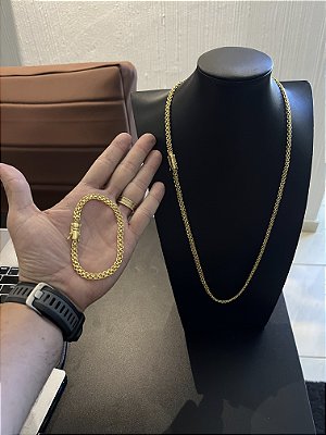 CORRENTE CADEADO DUPLO FECHO GAVETA  (5mm-70CM)  + PULSEIRA CADEADO DUPLO FECHO GAVETA  (5mm-20CM) FECHO COM MARCAÇÃO 750 - BANHADO A OURO 18K