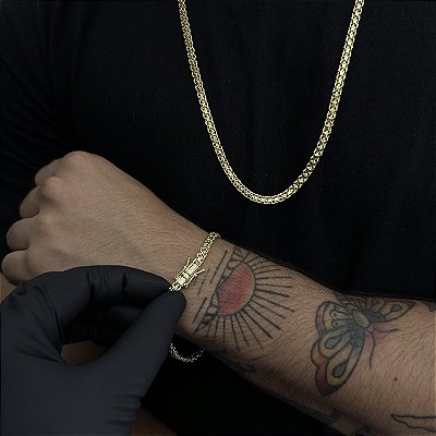 Corrente Cadeado Duplo 5mm 70cm + Pulseira 21cm – Banhada a Ouro 18K