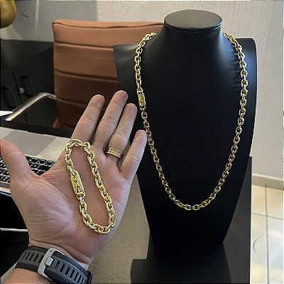Corrente Cadeado 8mm + Pulseira 21cm – Banho Ouro 18k