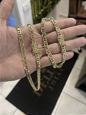Corrente Piastrine 7mm 70cm + Pulseira 21cm – Banho Ouro 18k
