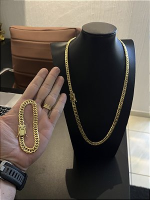 CORRENTE LACRAIA  FECHO GAVETA( 10mm-70cm)  + PULSEIRA LACRAIA  FECHO GAVETA( 10mm-20cm) - FECHO COM MARCAÇÃO 750BANHADO A OURO 18K