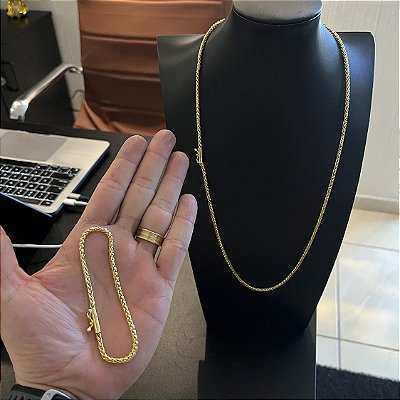 Corrente Peruana 3mm 70cm + Pulseira 21cm – Banhada a Ouro 18K