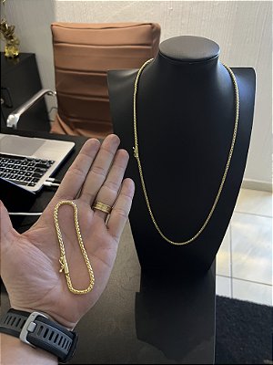 CORRENTE PERUANA  FECHO CANHÃO (3mm-70cm) + PULSEIRA PERUANA  FECHO CANHÃO (3mm-20cm) - BANHADO A OURO 18K
