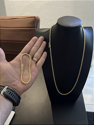 CORRENTE PERUANA  FECHO CANHÃO ( 70cm-5mm) + PULSEIRA PERUANA  FECHO CANHÃO ( 20cm-5mm) - BANHADO A OURO 18K