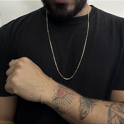 CORRENTE TIJOLINHO FECHO BOIA (2mm- 70cm) + PULSEIRA TIJOLINHO FECHO BOIA (2mm- 20cm) - BANHADO A OURO 18K