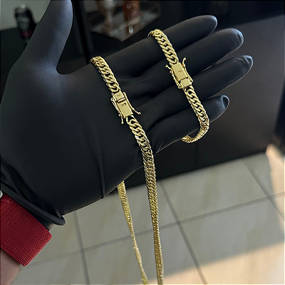 Corrente Lacraia 7mm 70cm + Pulseira 21cm – Banho Ouro 18k
