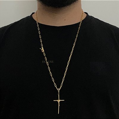 CORRENTE CARTIE FECHO CANHÃO (3MM - 60cm ou 70cm) + PINGENTE CRUZ AMARRADA -  BANHADO A OURO 18k