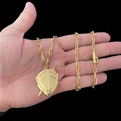 CORRENTE CARTIE FECHO TRADICIONAL (3MM- 60cm ou 70cm )+ PINGENTE ESCUDO FA FÉ GRANDE  -  BANHADO A OURO 18k