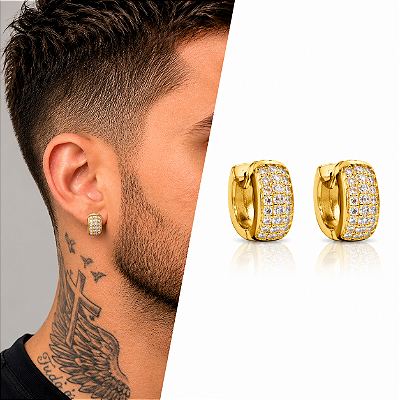 Brinco Argola Larga Cravejada com 4 Fileiras de Zircônias – Banhado a Ouro 18K