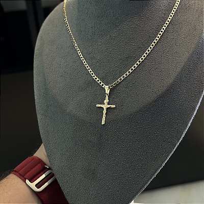 CORRENTE GRUMET( 2mm-60 ou 70cm) + PINGENTE CRUCIFIXO - BANHADO A OURO 18K