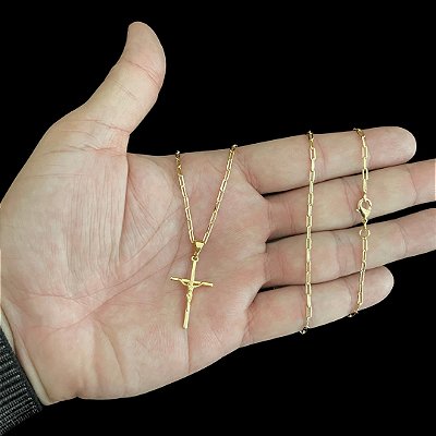 Corrente Cartier 1.5mm 60cm + Pingente Crucifixo com Jesus – Banhada a Ouro 18K