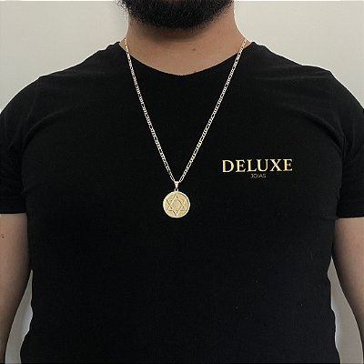 CORRENTE 3x1( 2mm- 70/60cm) + PINGENTE MEDALHA MACIÇA ESTRELA DE DAVI - BANHADO A OURO 18k