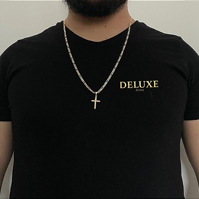 CORRENTE 3x1( 2mm- 70/60cm) + PINGENTE CRUCIFIXO  GRAVADO P - BANHO DE OURO 18k