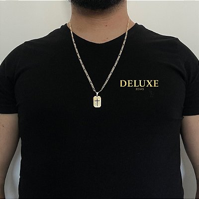 CORRENTE 3x1 (2mm- 70/60cm) + PINGENTE PLACA CRUZ VAZADA  PP - BANHADO A OURO 18k