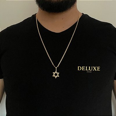 CORRENTE PIASTRINE( 2mm- 70cm) + PINGENTE ESTRELA DE DAVI VAZADA  P - BANHADO A OURO 18K.