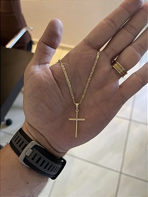 CORRENTE PIASTRINE( 2mm - 70cm) + PINGENTE CRUZ PALITO  P - BANHADO A  OURO 18K.