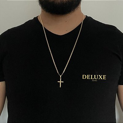 CORRENTE PIASTRINE( 2mm - 70cm) + PINGENTE CRUCIFIXO  P - BANHADO A OURO 18K.