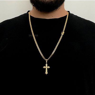 Corrente Lacraia 4mm 70cm + Pingente Cruz – Banho Ouro 18k