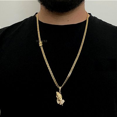 CORRENTE LACRAIA (4mm -70Cm )+ PINGENTE CRAVEJADO MÃO ORANDO - BANHADO A OURO 18K