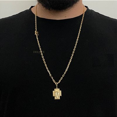 CORRENTE CADEADO( 3mm- 70Cm) + PINGENTE CRUZ COM ROSTO DE JESUS- BANHO DE OURO 18K