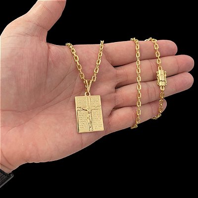 CORRENTE CADEADO( 3mm- 70Cm) + PINGENTE PLACA CRUCIFIXO COM ORAÇÃO  M - BANHO DE OURO 18K