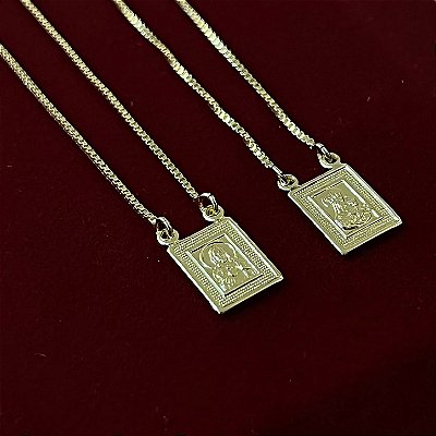 Escapulário Corrente Veneziana 2mm 60cm com Pingentes Sagrado Coração e Nossa Senhora – Banhado a Ouro 18K