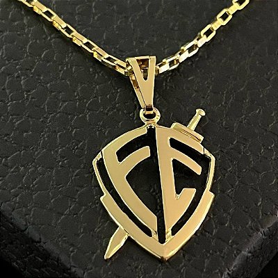 Pingente Escudo Fé com Espadas – Banho Ouro 18k