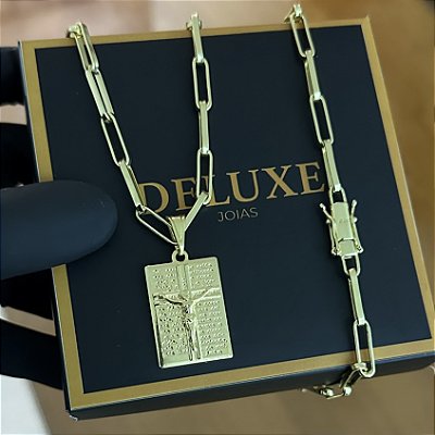 CORRENTE TIJOLINHO ALONGADO(5mm- 70Cm) + PINGENTE PLACA COM ORAÇÃ0 - BANHADO A OURO 18K