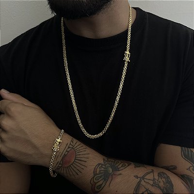 Corrente Cadeado 5mm 70cm + Pulseira 21cm – Banho Ouro 18k