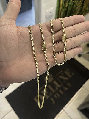 Corrente Lacraia 2mm 70cm + Pulseira 21cm – Banho Ouro 18k