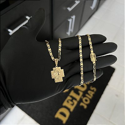 CORRENTE PIASTRINE FECHO GAVETA COM MARCAÇÃO  750 (4mm - 70cm )+ PINGENTE  CRUZ COM JESUS - BANHADO A OURO 18K