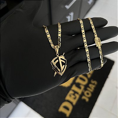 CORRENTE PIASTRINE FECHO GAVETA COM MARCAÇÃO  750 (4mm - 70cm )+ PINGENTE  ESCUDO DA FÉ  VAZADO - BANHADO A OURO 18K