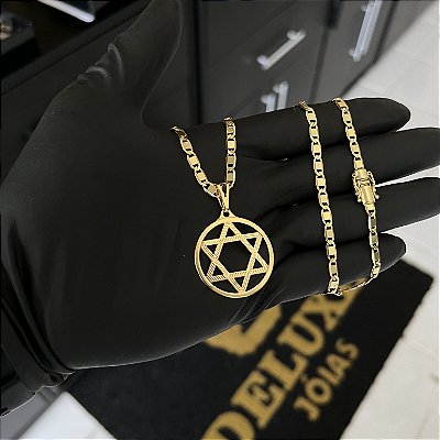 CORRENTE PIASTRINE FECHO GAVETA COM MARCAÇÃO  750 (4mm - 70cm )+ PINGENTE  ESTRELA DE DAVI VAZADA - BANHADO A OURO 18K