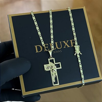CORRENTE PIASTRINE FECHO GAVETA COM MARCAÇÃO  750 (4mm - 70cm )+ PINGENTE CRUZ COM JESUS VAZADA GRANDE - BANHADO A OURO 18K