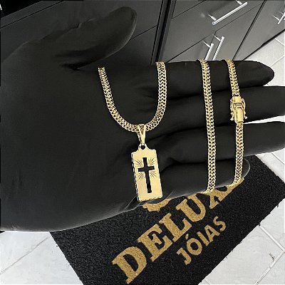 CORRENTE GRUMET DUPLA FECHO GAVETA COM MARCAÇÃO  750 (4mm - 70cm )+ PINGENTE PLACA COM CRUZ VAZADA   - BANHADO A OURO 18K