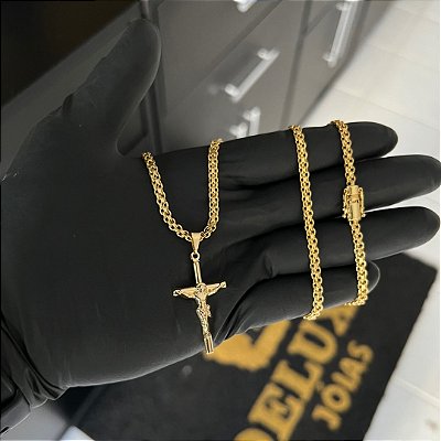 CORRENTE CADEADO DUPLO FECHO GAVETA COM MARCAÇÃO  750 (3mm - 70cm )+ PINGENTE CRUCIFIXO  - BANHADO A OURO 18K