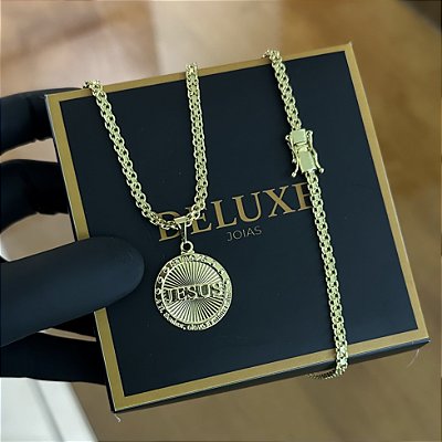 Corrente Cadeado duplo 3mm 70cm + Pingente Jesus – Banhada a Ouro 18K