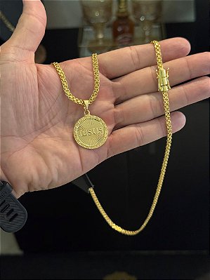 CORRENTE CADEADO DUPLO FECHO GAVETA COM MARCAÇÃO  750 (3mm - 70cm )+ PINGENTE MEDALHA JESUS 3D - BANHADO A OURO 18K