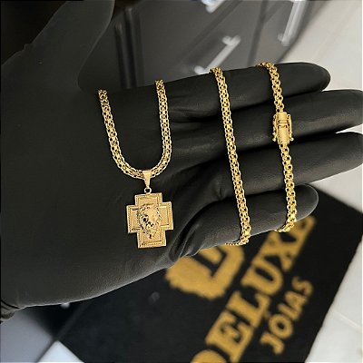CORRENTE CADEADO DUPLO FECHO GAVETA COM MARCAÇÃO  750 (3mm - 70cm )+ PINGENTE CRUZ LEÃO DA TRIBO DE JUDÁ - BANHADO A OURO 18K
