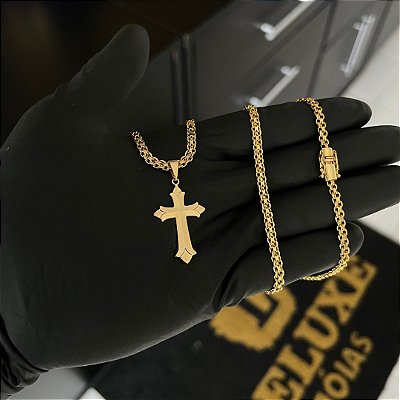 CORRENTE CADEADO DUPLO FECHO GAVETA COM MARCAÇÃO  750 (3mm - 70cm )+ PINGENTE CRUZ RACIONAIS - BANHADO A OURO 18K