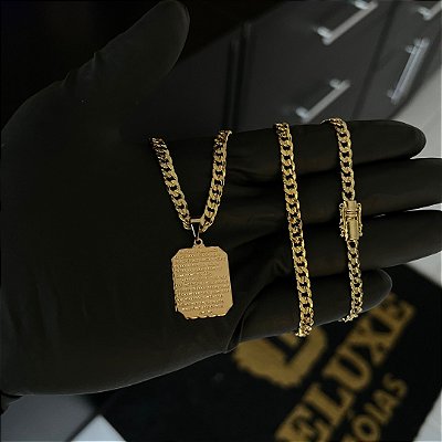 CORRENTE PITBULL (4MM- 70CM) + PINGENTE  PLACA COM ORAÇÃO PAI NOSSO  - BANHADO A OURO 18K