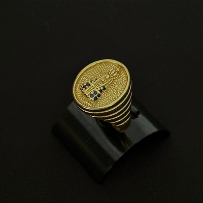 Anel Modelo Nossa Senhora Aparecida com Pedras Azuis – Banhado a Ouro 18K