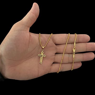 CORRENTE RABO DE RATO ( 2mm-70cm) + PINGENTE CRUZ VAZADA M -   BANHADO A OURO 18K.