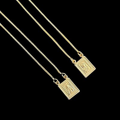Escapulário Corrente Veneziana 2mm 60cm com Pingentes Sagrado Coração e Nossa Senhora – Banho Ouro 18K