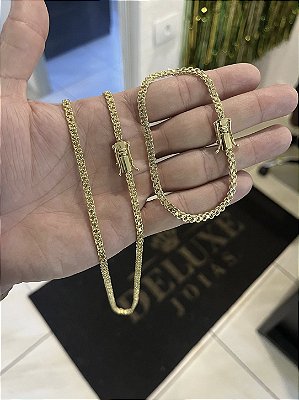 Corrente Cadeado 3mm 70cm + Pulseira 21cm – Banho Ouro 18k