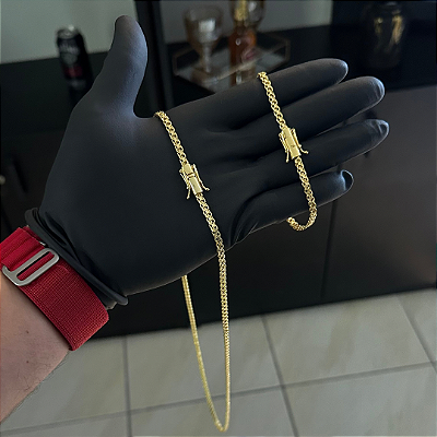 Corrente Cadeado Duplo 3mm 70cm + Pulseira 21cm – Banho Ouro 18k