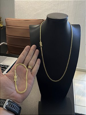 CORRENTE CADEADO DUPLO FECHO GAVETA  (3mm-70CM) + PULSEIRA CADEADO DUPLO FECHO GAVETA  (3mm-20CM) - FECHO COM MARCAÇÃO 750 - BANHADO A OURO 18K