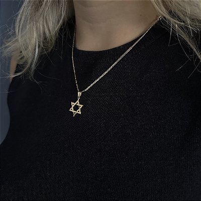 CORRENTE PIASTRINE ( 2mm - 50cm FEM ) + PINGENTE ESTRELA DE DAVI - BANHADO A OURO 18K.