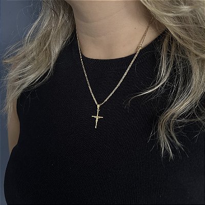 CORRENTE PIASTRINE ( 2mm - 50cm FEM ) + PINGENTE CRUCIFIXO COM JESUS - BANHADO A OURO 18K.