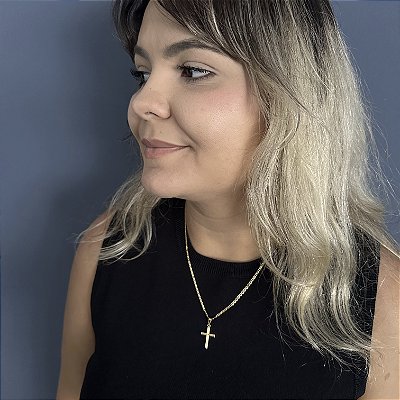 CORRENTE PIASTRINE ( 2mm - 50cm FEM ) + PINGENTE CRUZ DETALHADA - BANHADO A OURO 18K.